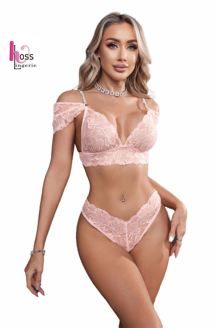 Sexy lingerie power pink color, lace, 2pc set 