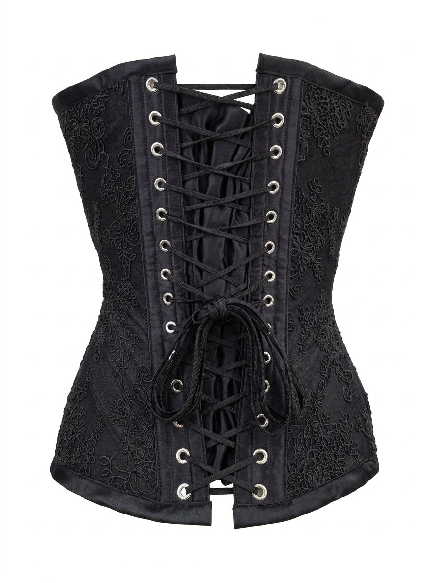 Corset black sheer mesh with floral embroidery