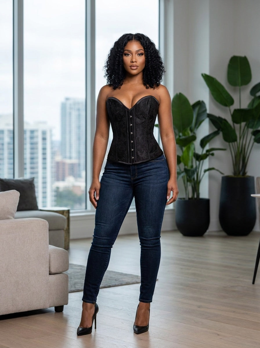 Corset black sheer mesh with floral embroidery