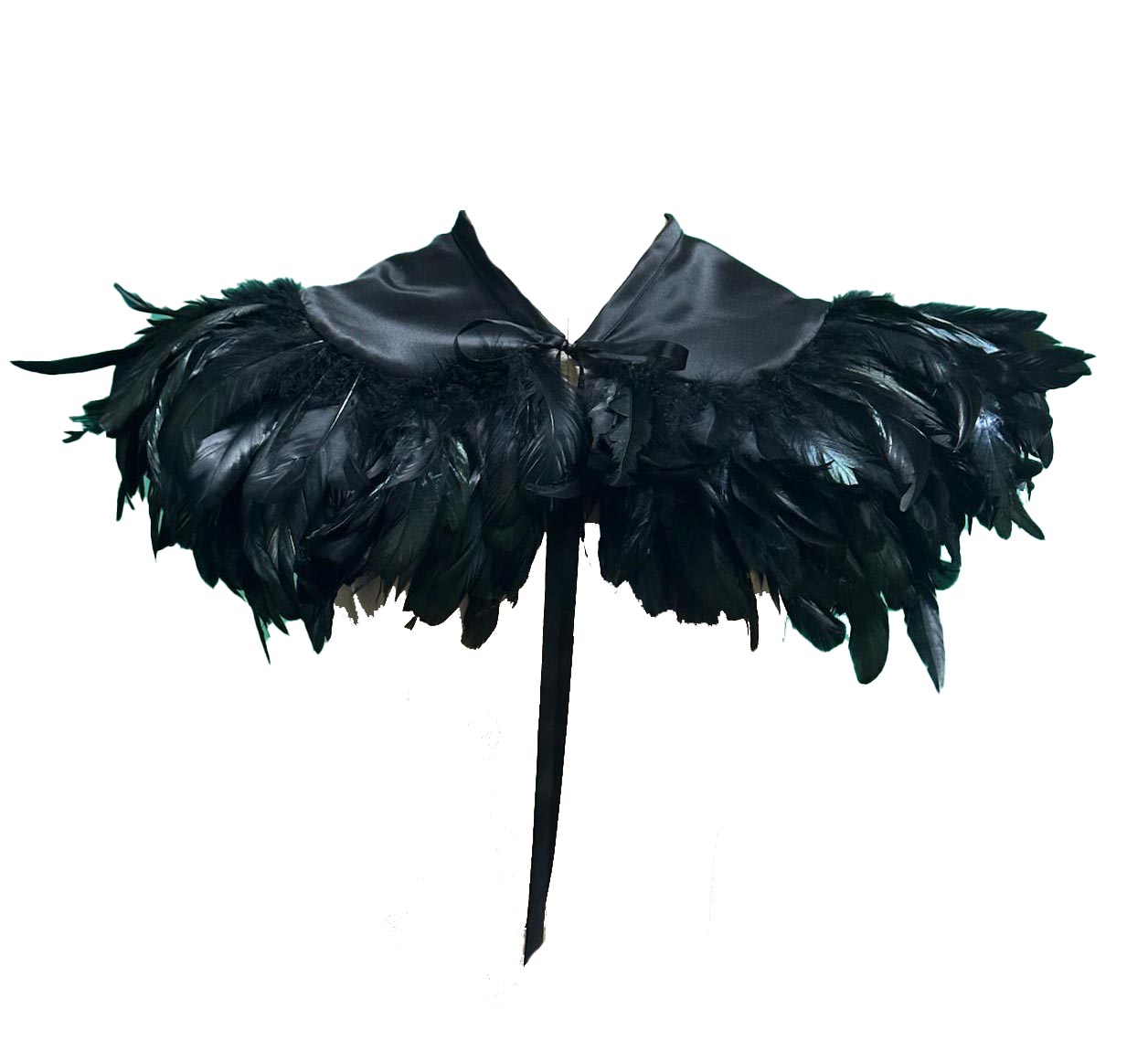 Black feathered shoulder piece on a white background